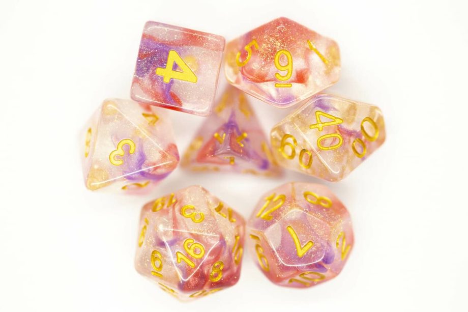 Old School 7 Piece Dice Set Luminous Red Ruby Pose 2