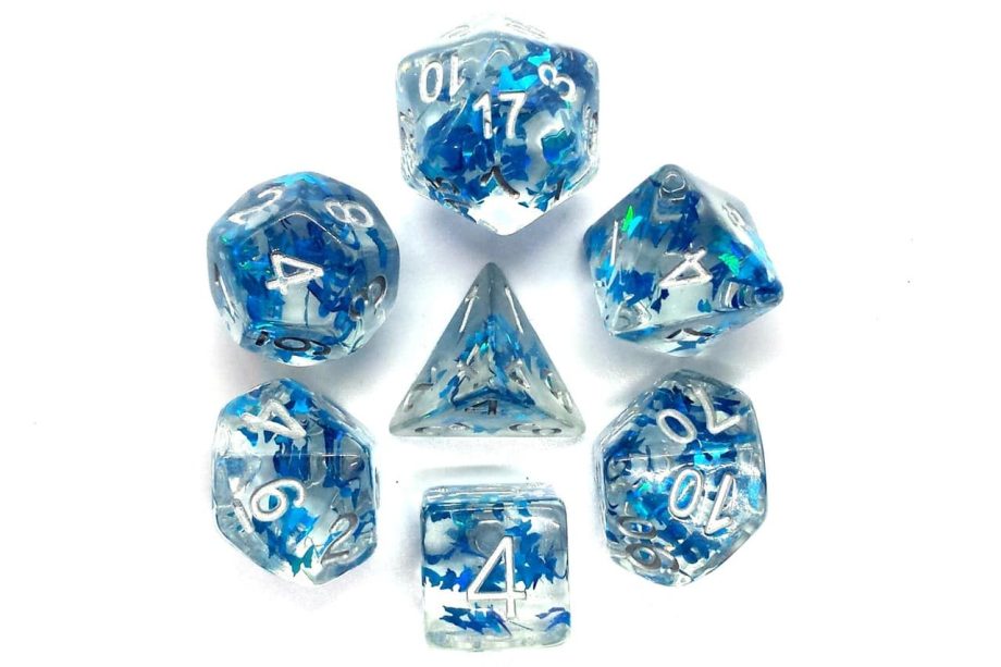 Old School 7 Piece Dice Set Infused Blue Butterfly With Silver Pose 2