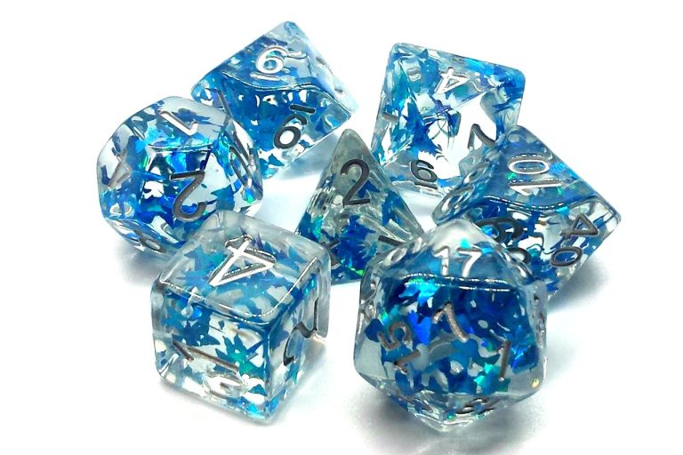 Old School 7 Piece Dice Set Infused Blue Butterfly With Silver Pose 1