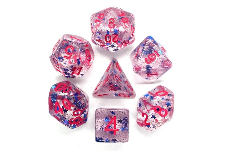 Old School 7 Piece Dice Set Infused Blue Stars With Red Pose 2
