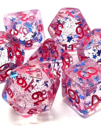 Old School 7 Piece Dice Set Infused Blue Stars With Red Pose 1