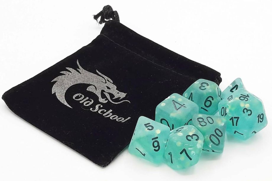 Old School 7 Piece Dice Set Infused Frosted Firefly Twilight Pose 2