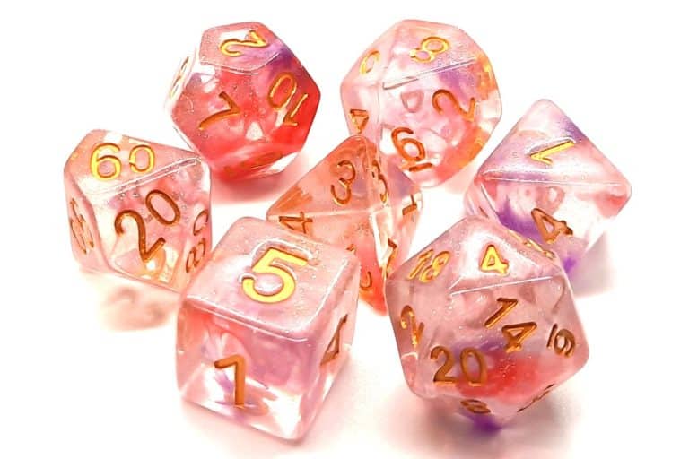 Old School 7 Piece Dice Set Luminous Red Ruby Pose 1