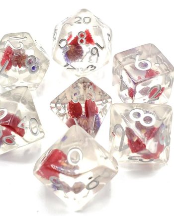 Old School 7 Piece Dice Set Infused Red Flower Pose 1