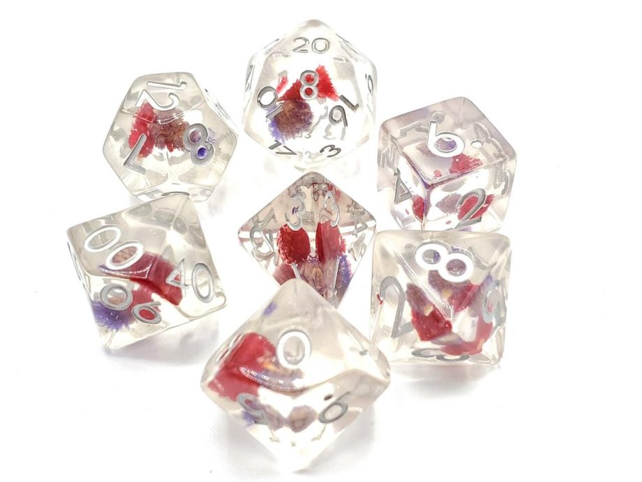 Old School 7 Piece Dice Set Infused Red Flower Pose 1
