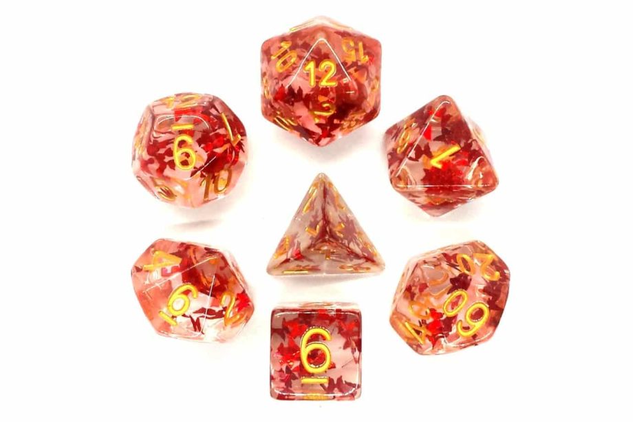 Old School 7 Piece Dice Set Infused Red Butterfly With Gold Pose 2