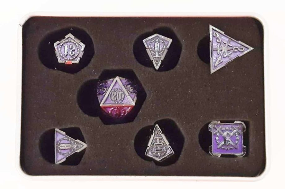 Old School 7 Piece Dice Set Metal Dice Knights of the Round Table Black With Amethyst Pose 3