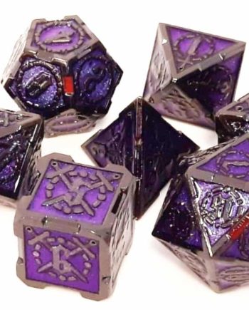Old School 7 Piece Dice Set Metal Dice Knights of the Round Table Black With Amethyst Pose 1