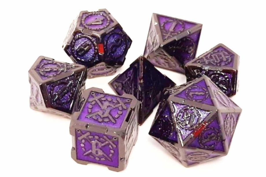 Old School 7 Piece Dice Set Metal Dice Knights of the Round Table Black With Amethyst Pose 1