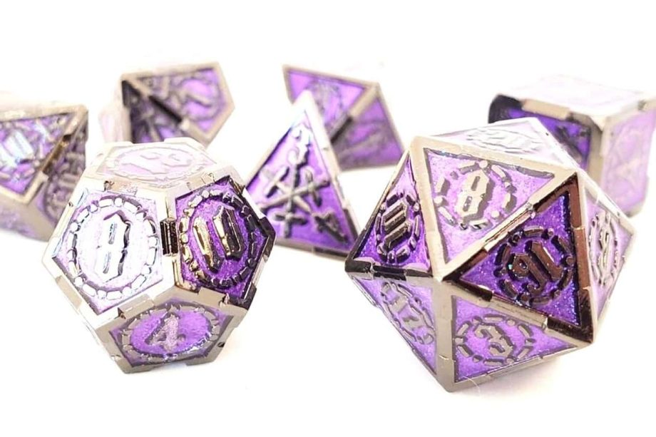 Old School 7 Piece Dice Set Metal Dice Knights of the Round Table Black With Amethyst Pose 2