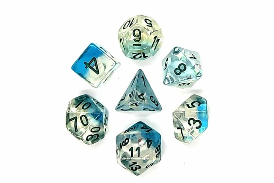 Old School 7 Piece Dice Set Infused Beach Party Ocean Blue Pose 2