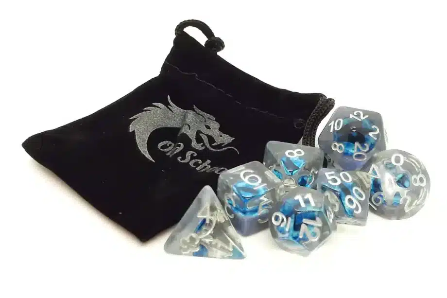Old School 7 Piece Dice Set Infused Dragon Eye Blue Pose 2
