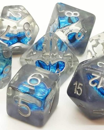 Old School 7 Piece Dice Set Infused Dragon Eye Blue Pose 1