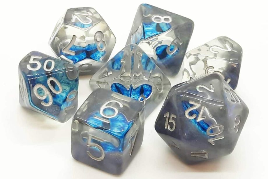 Old School 7 Piece Dice Set Infused Dragon Eye Blue Pose 1