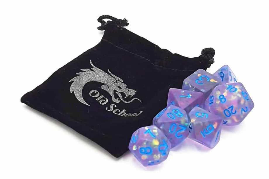 Old School 7 Piece Dice Set Infused Frosted Firefly Lavender With Blue Pose 2