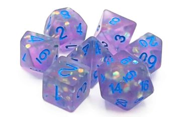 Old School 7 Piece Dice Set Infused Frosted Firefly Lavender With Blue Pose 1