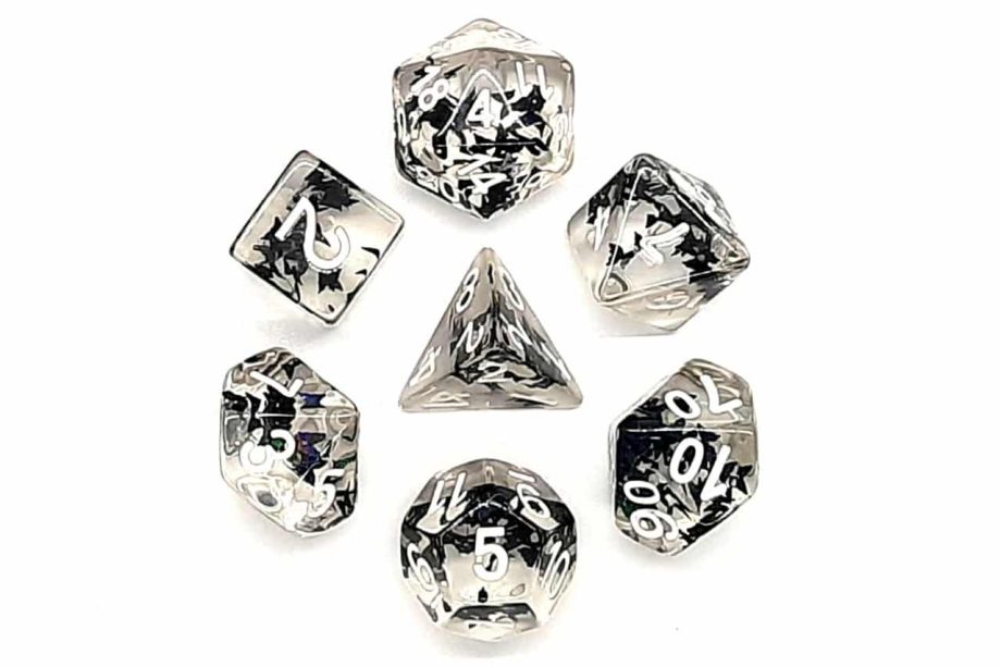 Old School 7 Piece Dice Set Infused Black Butterfly Pose 2