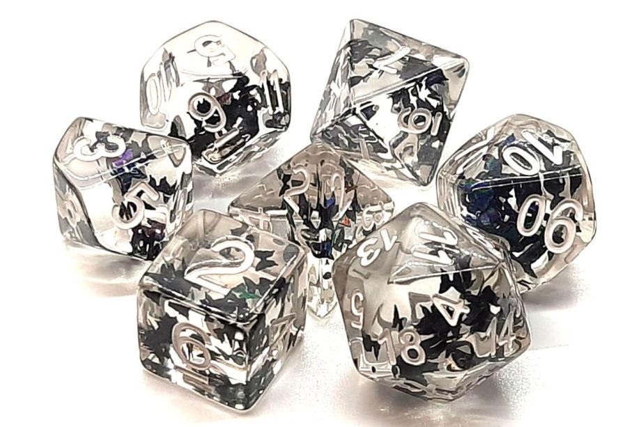 Old School 7 Piece Dice Set Infused Black Butterfly Pose 1