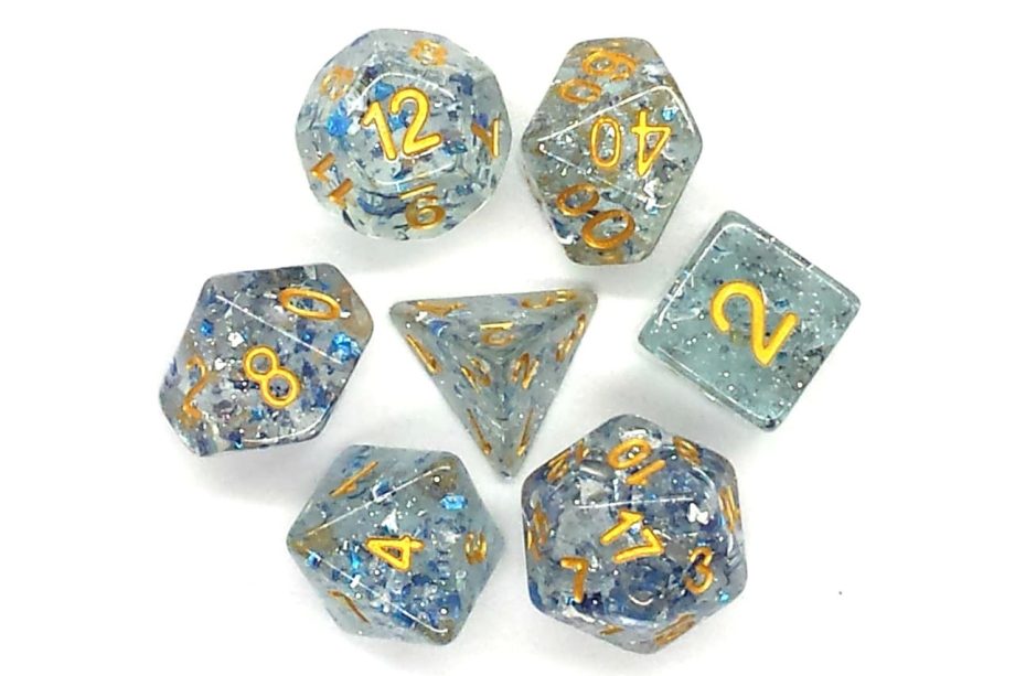 Old School 7 Piece Dice Set Particles Metallic Blue With Gold Pose 2