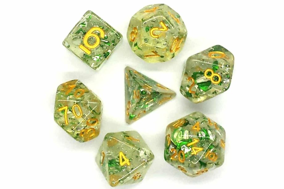 Old School 7 Piece Dice Set Particles Metallic Green With Gold Pose 2
