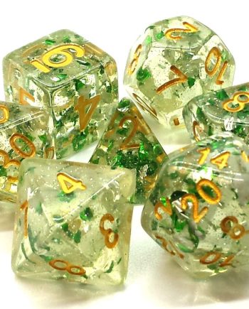 Old School 7 Piece Dice Set Particles Metallic Green With Gold Pose 1