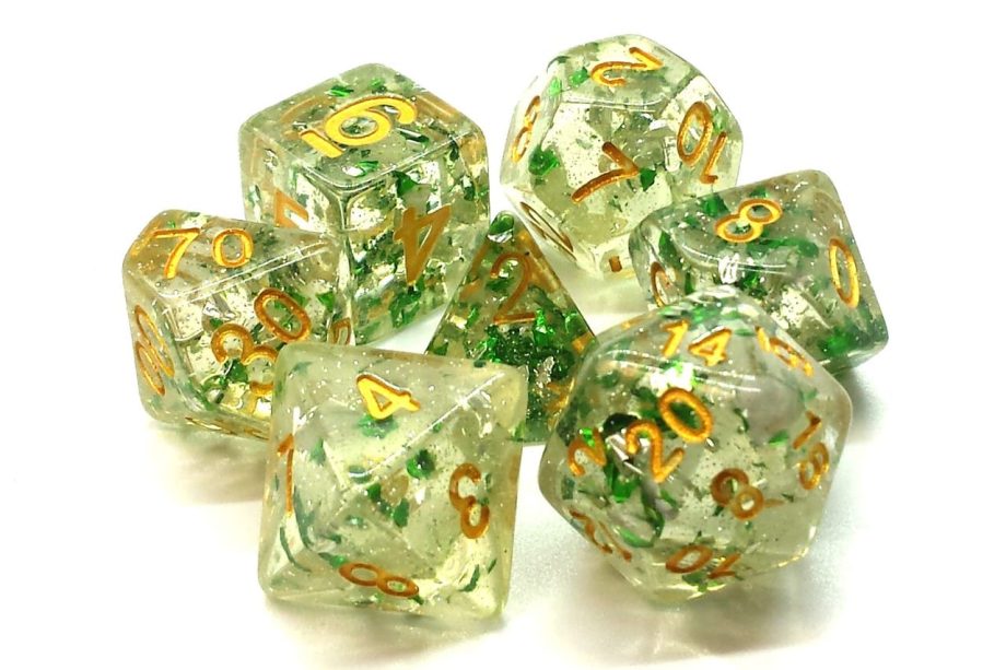 Old School 7 Piece Dice Set Particles Metallic Green With Gold Pose 1