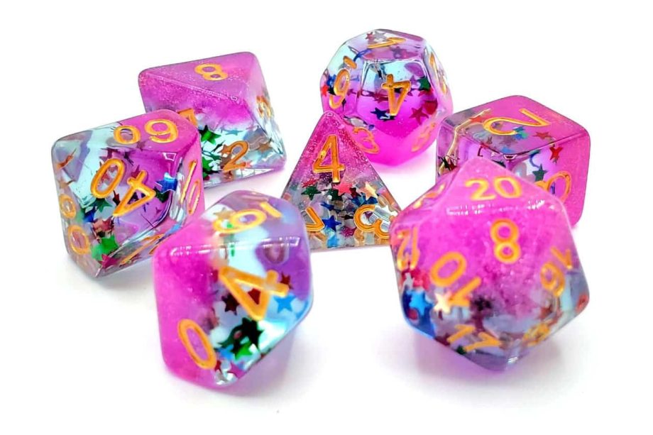 Old School 7 Piece Dice Set Infused Mixed Stars With Purple & Silver Pose 1