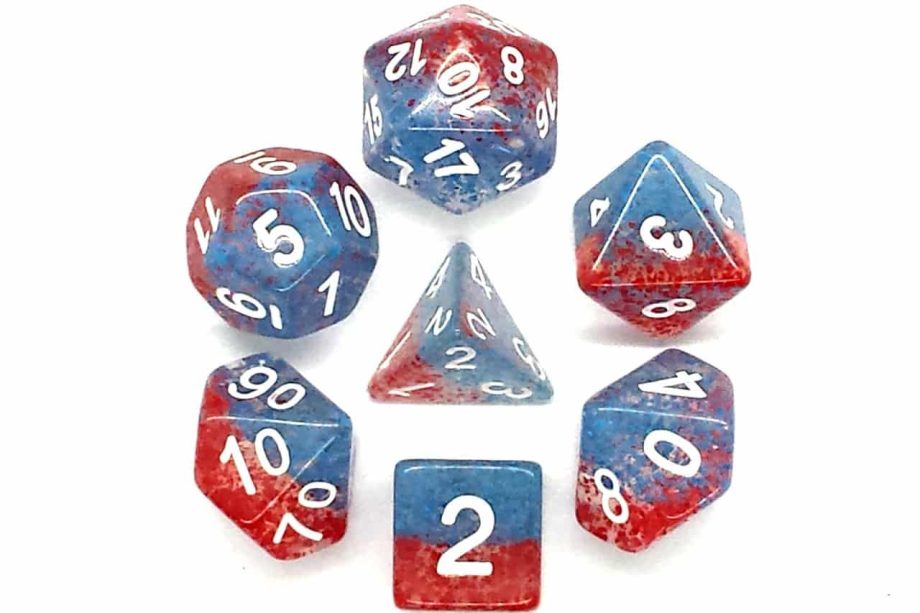 Old School 7 Piece Dice Set Particles Red Fish Blue Fish Pose 2