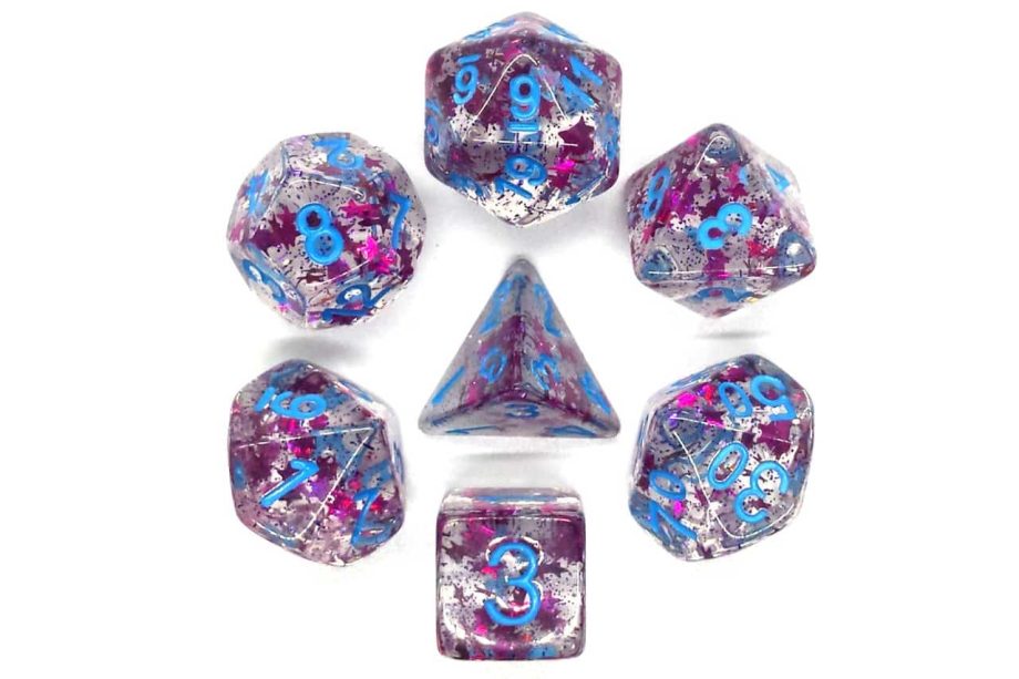 Old School 7 Piece Dice Set Infused Red Stars With Blue Pose 2