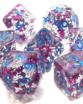 Old School 7 Piece Dice Set Infused Red Stars With Blue Pose 1
