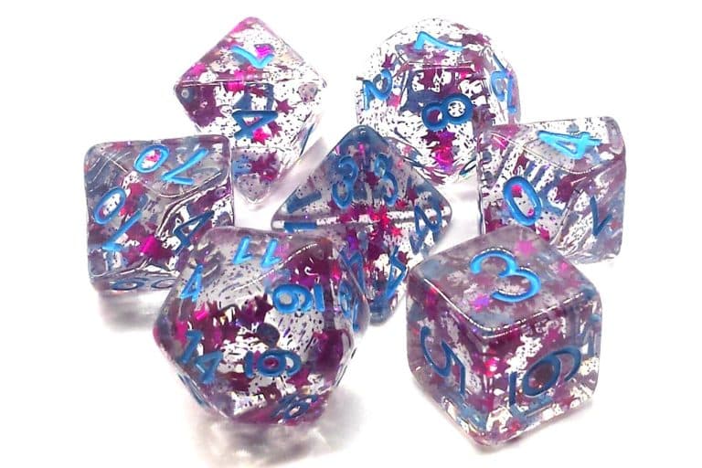 Old School 7 Piece Dice Set Infused Red Stars With Blue Pose 1