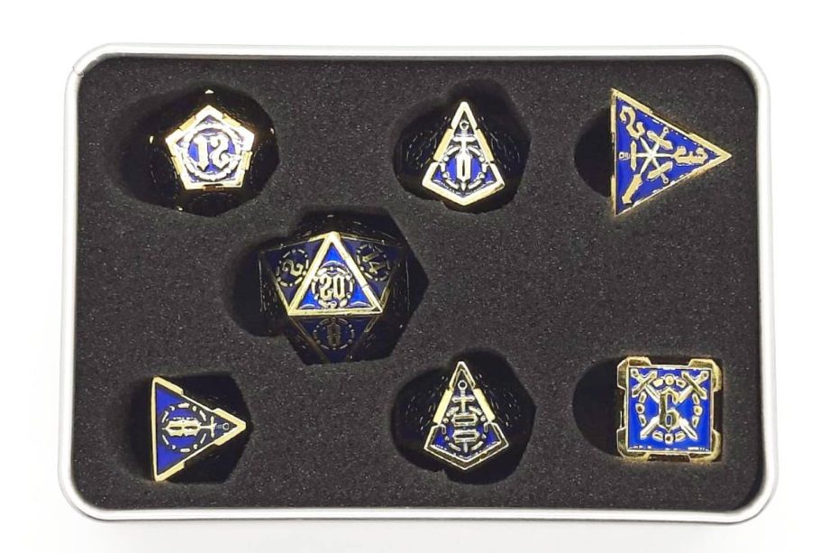 Old School 7 Piece Dice Set Metal Dice Knights of the Round Table Blue With Gold Pose 2