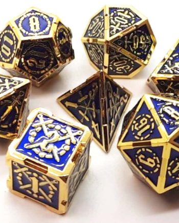 Old School 7 Piece Dice Set Metal Dice Knights of the Round Table Blue With Gold Pose 1