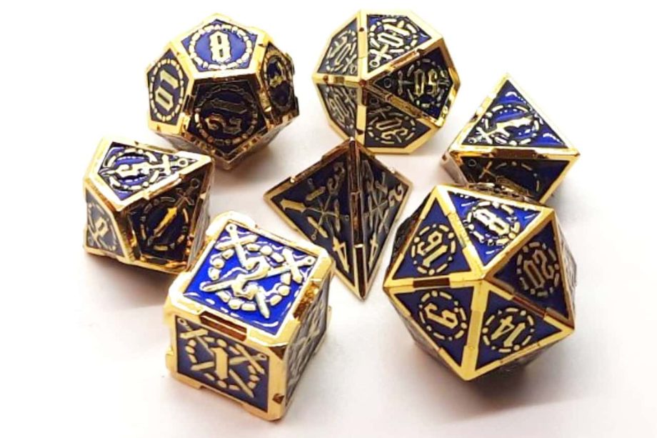 Old School 7 Piece Dice Set Metal Dice Knights of the Round Table Blue With Gold Pose 1