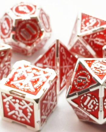Old School 7 Piece Dice Set Metal Dice Knights of the Round Table Red With Silver Pose 1