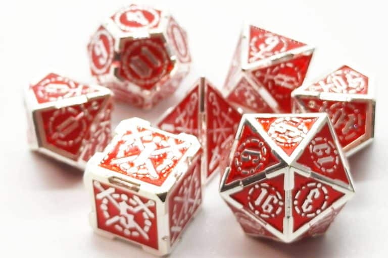 Old School 7 Piece Dice Set Metal Dice Knights of the Round Table Red With Silver Pose 1