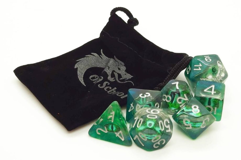 Old School 7 Piece Dice Set Infused Dragon Eye Green Pose 2