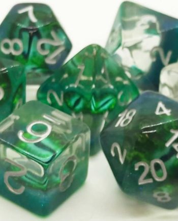 Old School 7 Piece Dice Set Infused Dragon Eye Green Pose 1