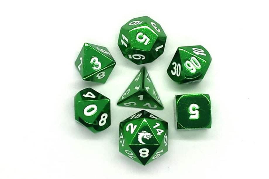 Old School 7 Piece Dice Set Metal Dice Halfling Forged Electric Green Pose 2