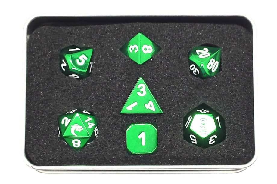 Old School 7 Piece Dice Set Metal Dice Halfling Forged Electric Green Pose 3