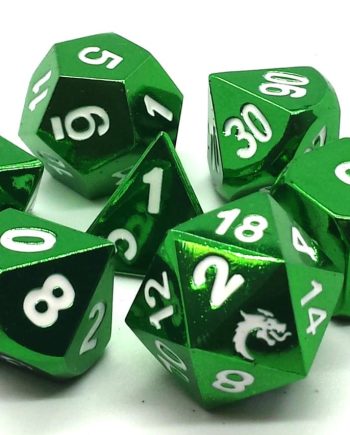 Old School 7 Piece Dice Set Metal Dice Halfling Forged Electric Green Pose 1