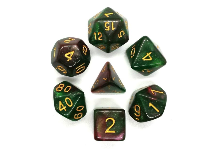 Old School 7 Piece Dice Set Galaxy Path of Roses Pose 2