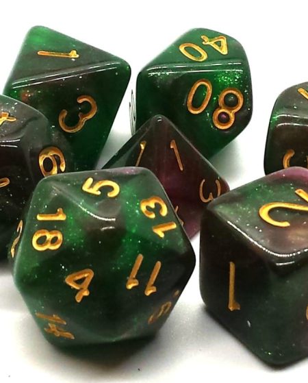 Old School 7 Piece Dice Set Galaxy Path of Roses Pose 1