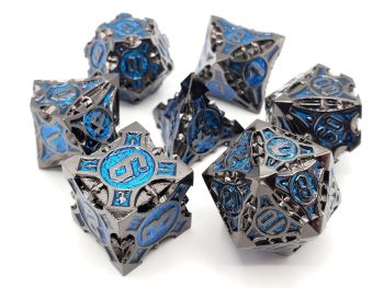 Old School 7 Piece Dice Set Metal Dice Gnome Forged Black Nickel With Blue Pose 1