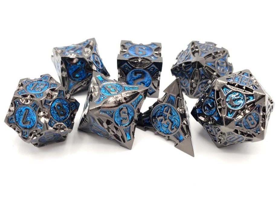 Old School 7 Piece Dice Set Metal Dice Gnome Forged Black Nickel With Blue Pose 2