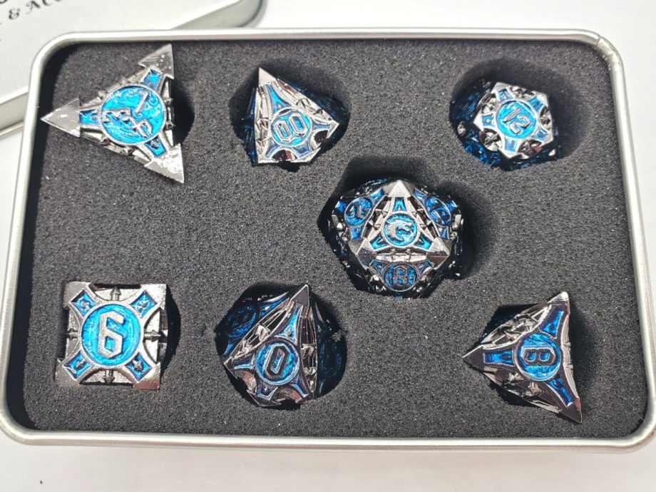 Old School 7 Piece Dice Set Metal Dice Gnome Forged Black Nickel With Blue Pose 3