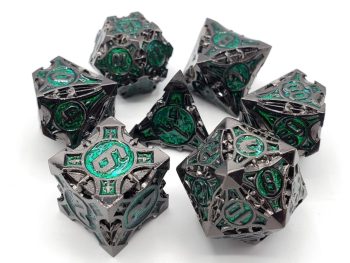 Old School 7 Piece Dice Set Metal Dice Gnome Forged Black Nickel With Green Pose 1