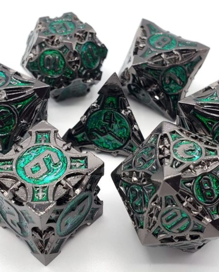Old School 7 Piece Dice Set Metal Dice Gnome Forged Black Nickel With Green Pose 1