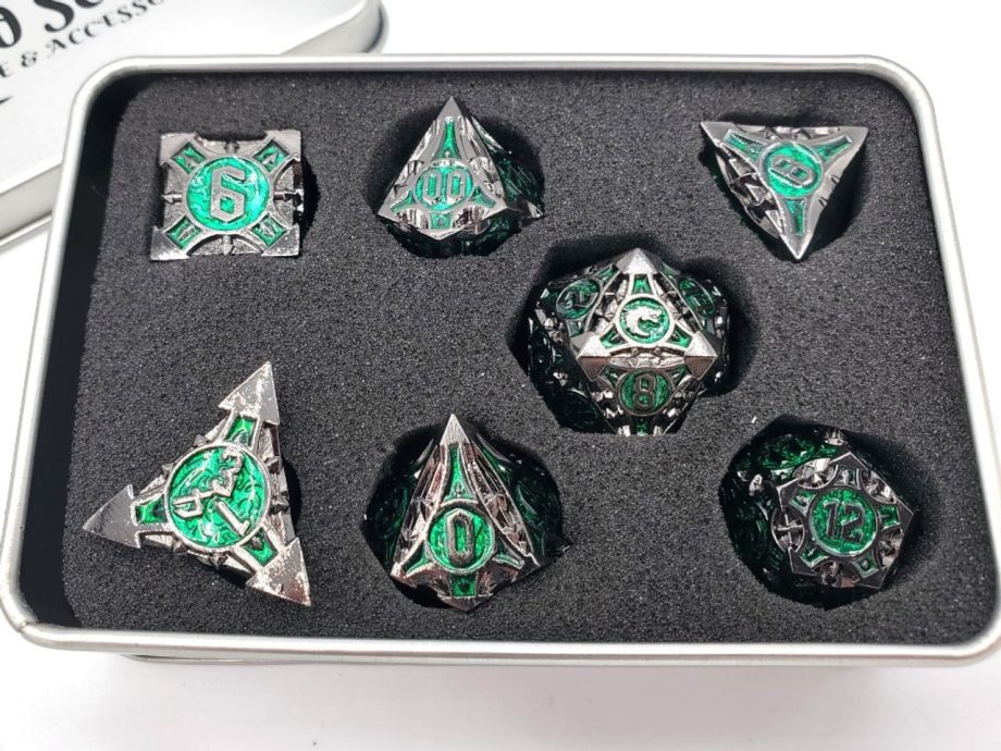 Old School 7 Piece Dice Set Metal Dice Gnome Forged Black Nickel With Green Pose 3