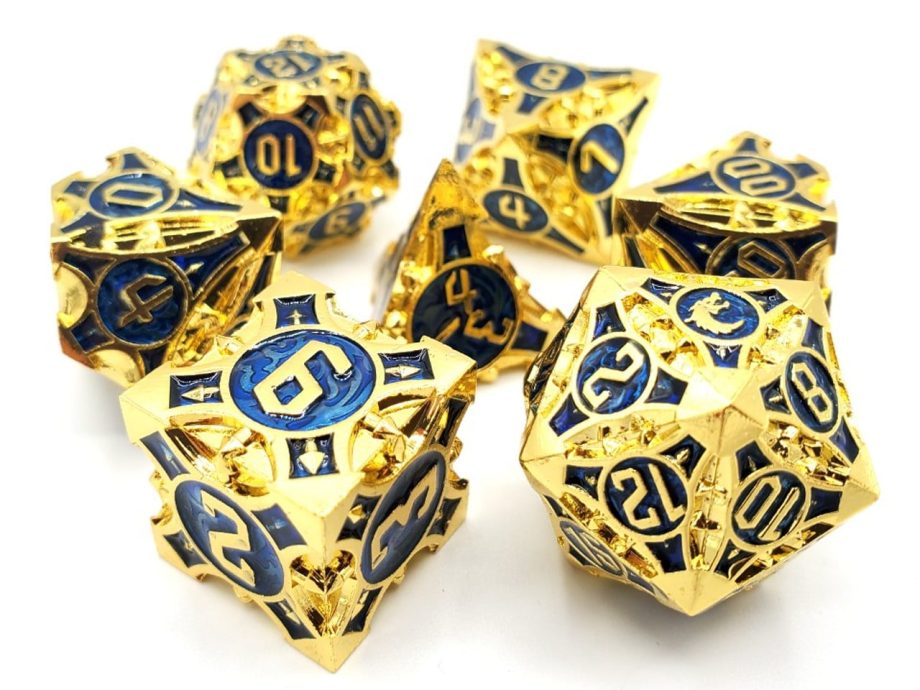 Old School 7 Piece Dice Set Metal Dice Gnome Forged Gold With Blue Pose 1